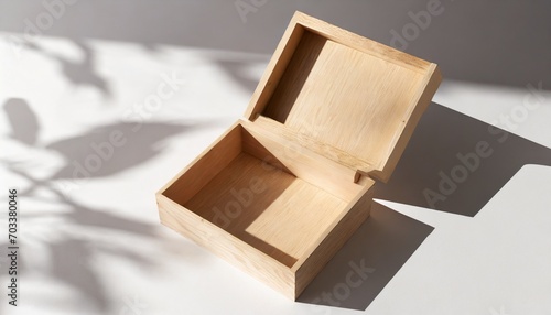 opened wooden plywood box mockup on white table with shadows 3d rendering