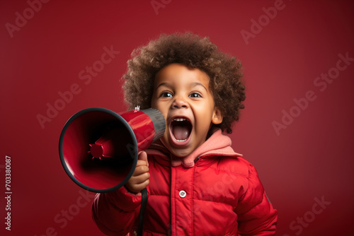 Significant messages or sale discount Important announcement news concept. African American toddler boy angrily screaming in megaphone loudspeaker on bright red studio background