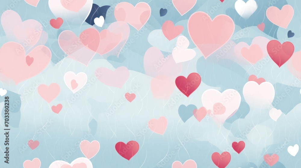  a bunch of hearts floating in the air on a blue background with pink, red, and white balloons in the shape of hearts.