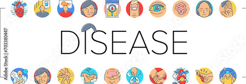 disease symptom health icons set vector. cough fever, virus flu, medical, coronavirus pneumonia, epidemic, medicine sick disease symptom health color line illustrations