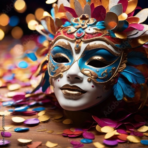 A colorful explosion of confetti and vibrant Carnival masks, illuminated by the bright lights of the festival.