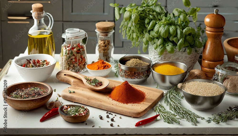 herbs and spices on a wooden board