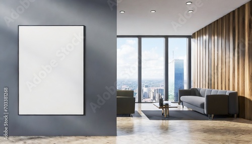 interior of modern hotel lobby with grey and wooden walls tiled floor panoramic window with blurry cityscape and vertical mock up poster