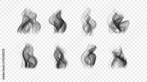 Set of vector icons. Black incense smoke. Wavy realistic fog isolated on transparent backdrop