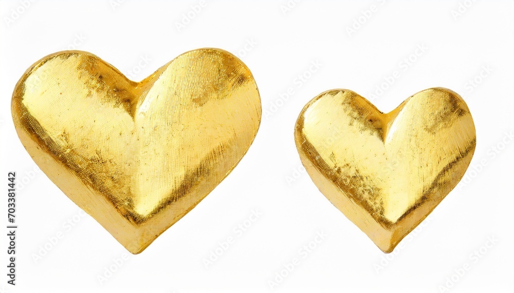 two gold hearts of different sizes of uneven shape isolated on
