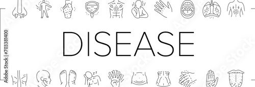 disease symptom health icons set vector. epidemic medicine, sick infection, corona heart, pain, patient infographic, stroke disease symptom health black line illustrations