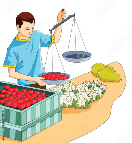 Vegetable grocer measuing vegetables illustration