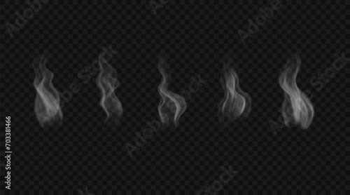 Set of vector realistic white incense smoke. Wavy, fluid steam isolated on transparent background