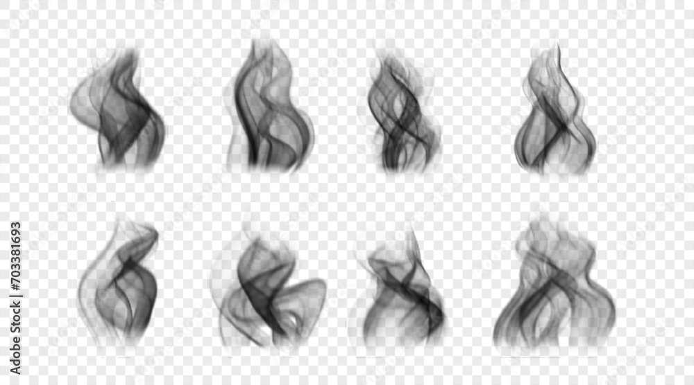 Set of realistic black smoke. Vector icons. Realistic fog effect. Design elements isolated on white backdrop Set of realistic black smoke. Vector icons. Realistic fog effect. Design elements isolated on white backdrop