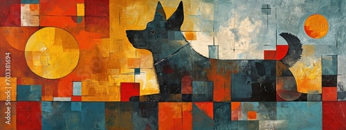 A stylized dog painted in a cubist fashion, featuring a mosaic of colors and abstract design.