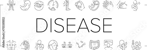 disease symptom health icons set vector. symptom hospital, man vaccine, safety caution, headache fatigue, ill, doctor disease symptom health black line illustrations