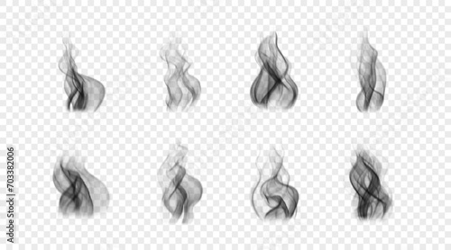 Set of realistic cigarette smoke. Vector design elements. Black wavy incense fog isolated on transparent background