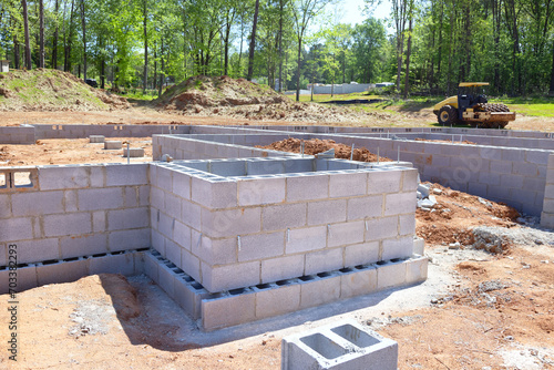 Foundation of house on construction site is constructed cement blocks that will support wall