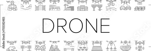 drone commercial use icons set vector. industry survey, operator weather safety, surveyor land, city agriculture, digital drone commercial use black line illustrations