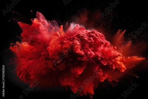Explosion of ruby red colored powder on black background