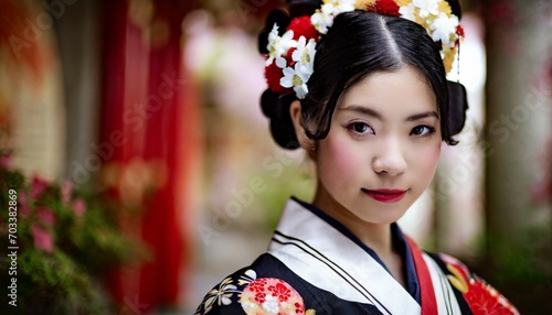 Geisha Woman Close-up Portait in Traditional Attire
