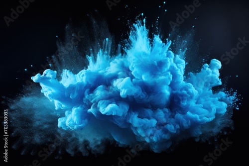 Explosion of sky blue colored powder on black background