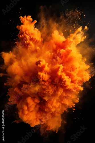Explosion of orange colored powder on black background