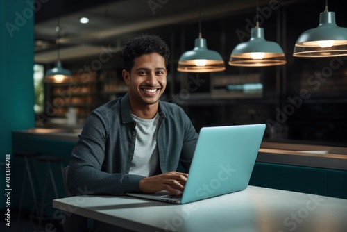 portrait of a man sitting in a cafe with laptop