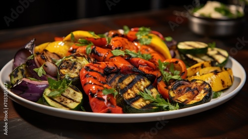  a close up of a plate of food with grilled veggies on a wooden table with a bowl of salad in the background.