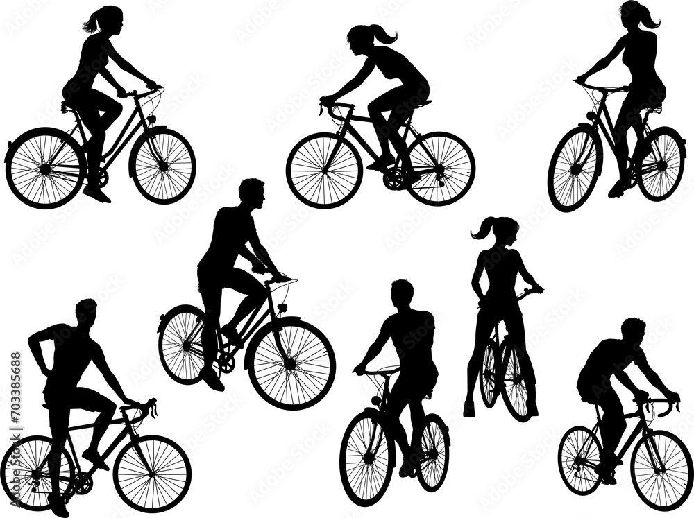 Obraz premium Bicycle Riding Bike Cyclists Silhouettes Set