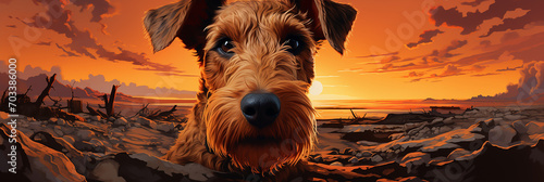 Closeup of brown airedale terrier dog illustration on a sunset sky background.Animal wide web banner photo