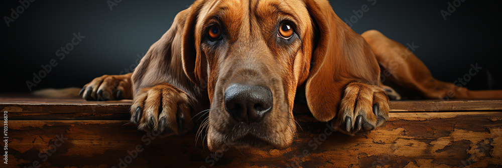Closeup of brown bloodhound dog on a black background.Animal wide web banner - obrazy, fototapety, plakaty 