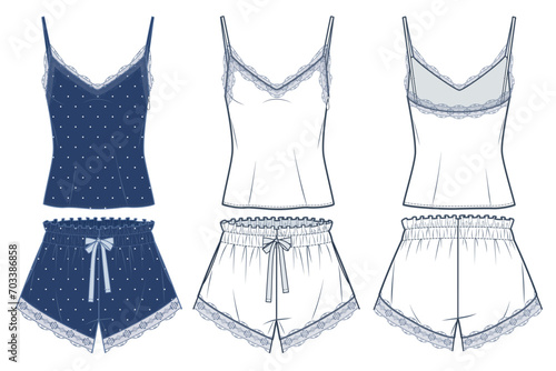 Women's Pajamas Set technical fashion illustration, polka-dot design. Top and Shorts fashion flat technical drawing template, drawstring, lace trim, front, back view, white, blue, women CAD mockup.