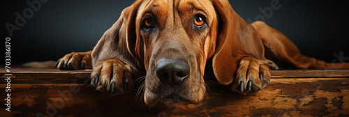 Closeup of brown bloodhound dog on a black background.Animal wide web banner photo