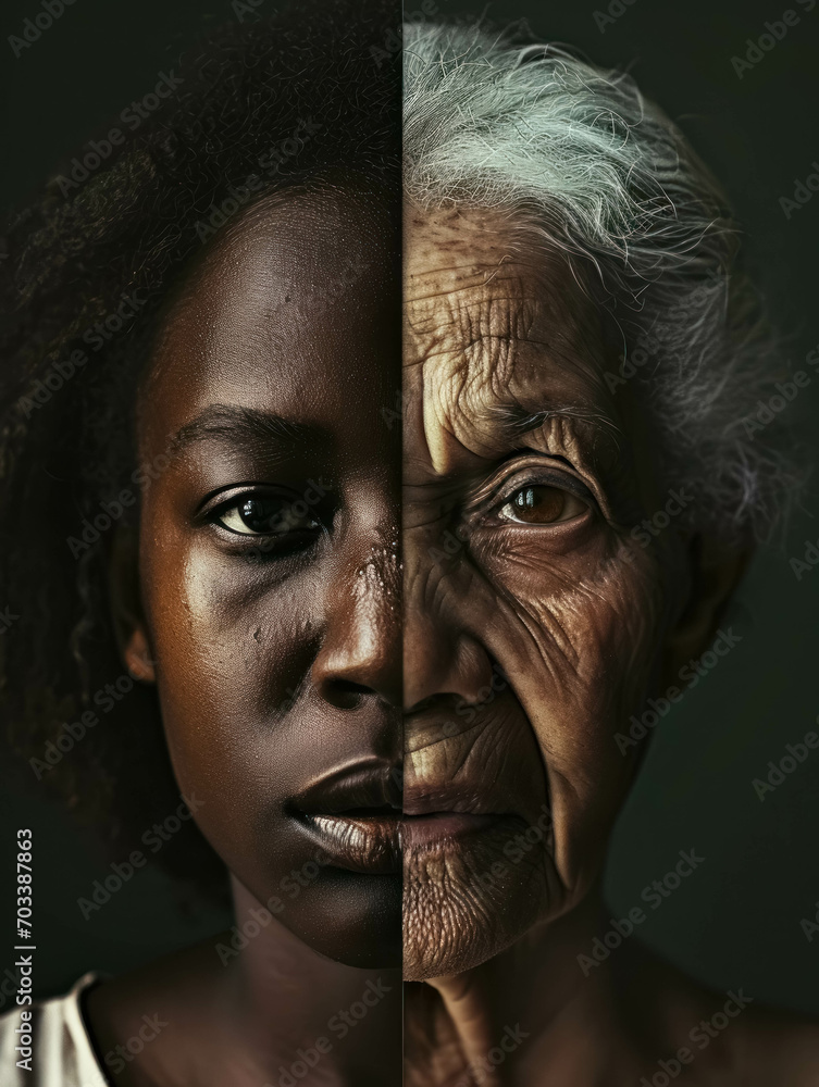 A Black Woman Face, Half of a Young Girl on the Left and Half of The Same Person as an Elderly Person on the Right. Concept for Representing the Life Cycle and Aging A Black Woman Face, Half of a Young Girl on the Left and Half of The Same Person as an Elderly Person on the Right. Concept for Representing the Life Cycle and Aging