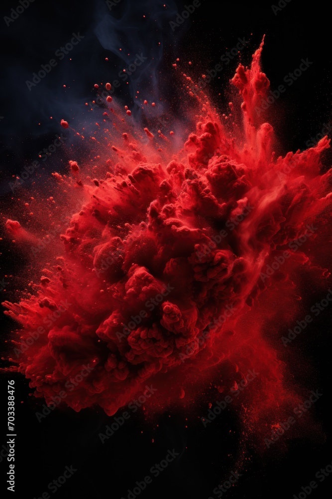 Explosion of crimson red colored powder on black background