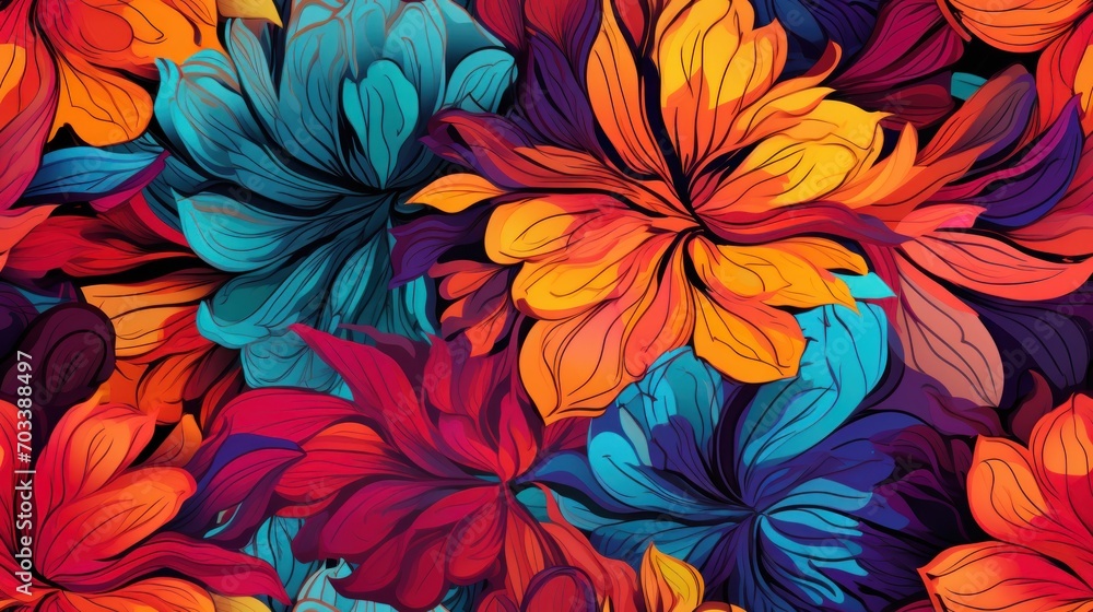 a bunch of colorful flowers that are in the shape of a flower on a black background with red, orange, blue, and green leaves. a bunch of colorful flowers that are in the shape of a flower on a black background with red, orange, blue, and green leaves.