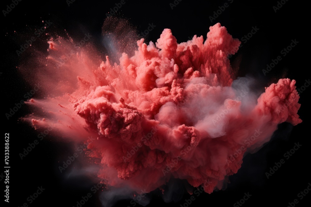 Explosion of coral pink colored powder on black background