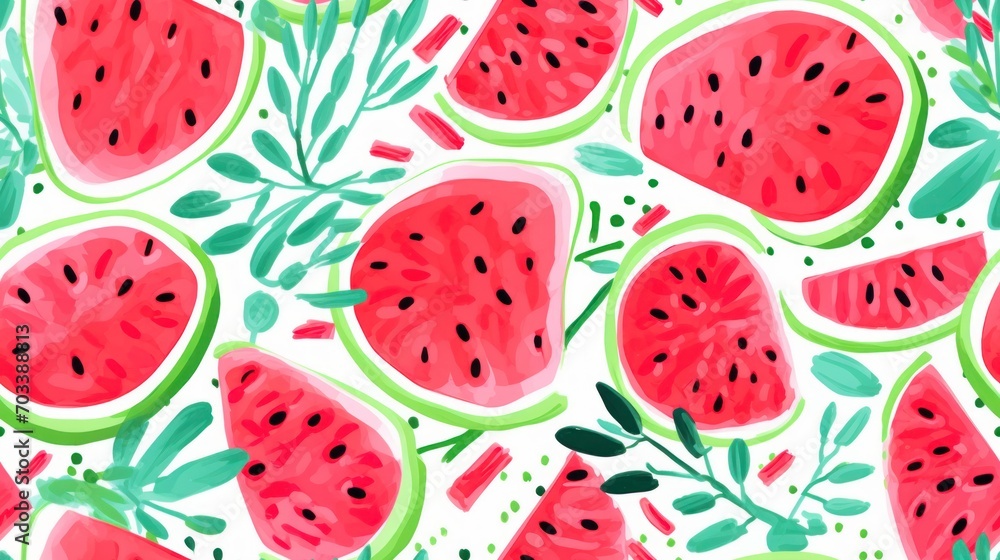 a watermelon pattern with green leaves and slices of watermelon on a white background with green leaves and slices of watermelon. a watermelon pattern with green leaves and slices of watermelon on a white background with green leaves and slices of watermelon.