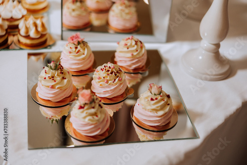 Almond cookies and various sweet cakes for a wedding banquet. A delicious reception, a luxurious ceremony. Table with sweets and desserts. Delicious colorful French desserts on a plate or table.