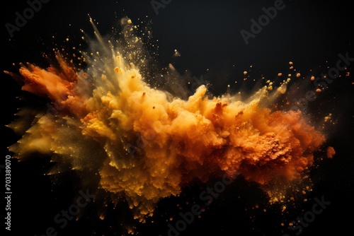 Explosion of brass colored powder on black background