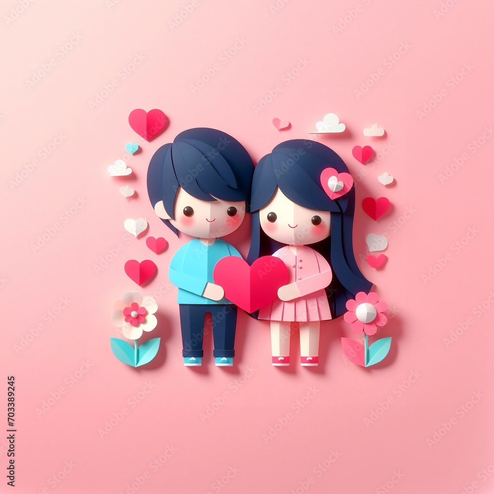 Cute couple, Valentine's Day and wedding, paper art, paper cut generative ai illustration art Cute couple, Valentine's Day and wedding, paper art, paper cut generative ai illustration art