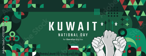 Kuwait National day banner in colorful modern geometric style. National Independence Day greeting card cover with typography. Vector illustration for liberation party