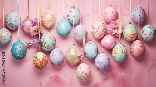  a bunch of different colored easter eggs hanging from a line on a pink wall with a bow on the end of each of them.