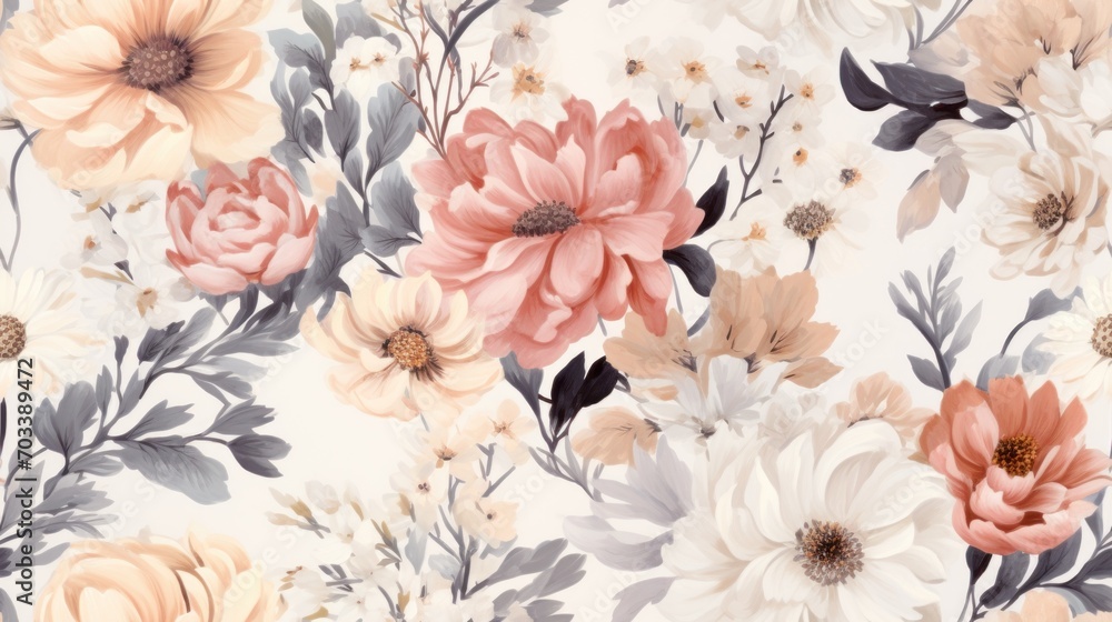  a close up of a floral wallpaper with pink, yellow, and white flowers on a light gray background.