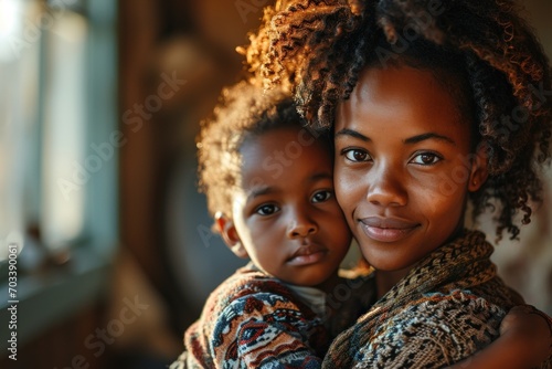  Portrait of happy pretty young African woman mother , holding her cute little daughter