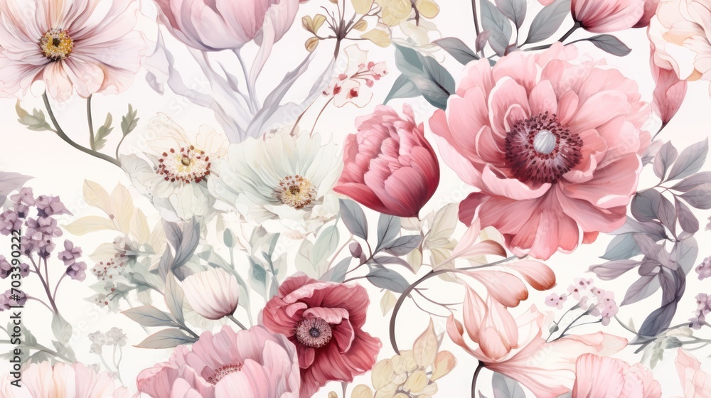 a floral wallpaper with pink and white flowers on a light pink background with green leaves and flowers on a light pink background. - obrazy, fototapety, plakaty 
