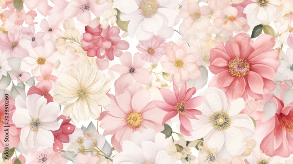  a bunch of pink and white flowers with green leaves on a white background with a pink and white color scheme.