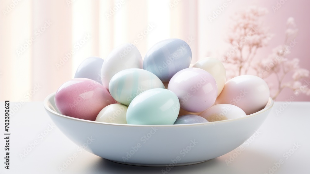 a bowl filled with pastel colored eggs on top of a table next to a vase with flowers in it. a bowl filled with pastel colored eggs on top of a table next to a vase with flowers in it.
