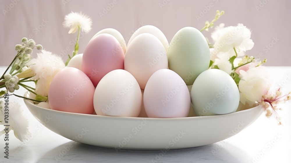 a white bowl filled with eggs sitting on top of a table next to a bouquet of white and pink flowers. a white bowl filled with eggs sitting on top of a table next to a bouquet of white and pink flowers.