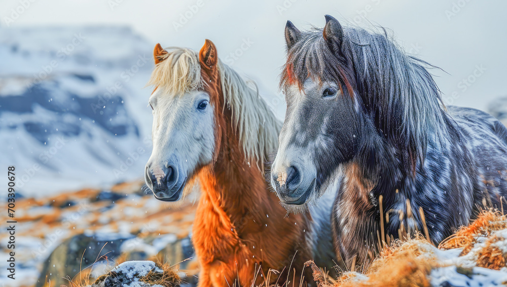 Fototapeta premium Icelandic wild horses in herd in the mountains of Iceland in autumn, Animals concept, generative ai