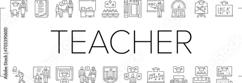 primary school teacher education icons set vector. classroom elementary, learning class, child people, children, desk boy, teaching primary school teacher education black line illustrations