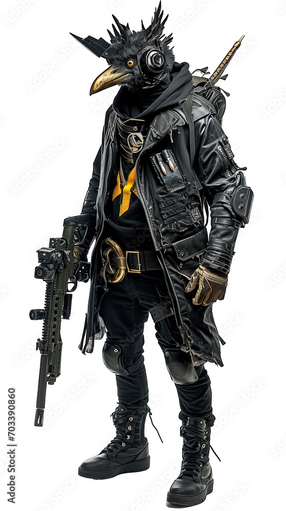 anthropomorphic raven crow with hoodie futuristic and rifle anthropomorphic raven crow with hoodie futuristic and rifle