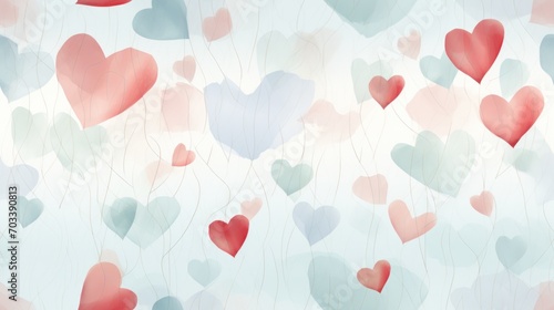  a bunch of heart shaped balloons floating in the air on a blue  pink  red  and white background.