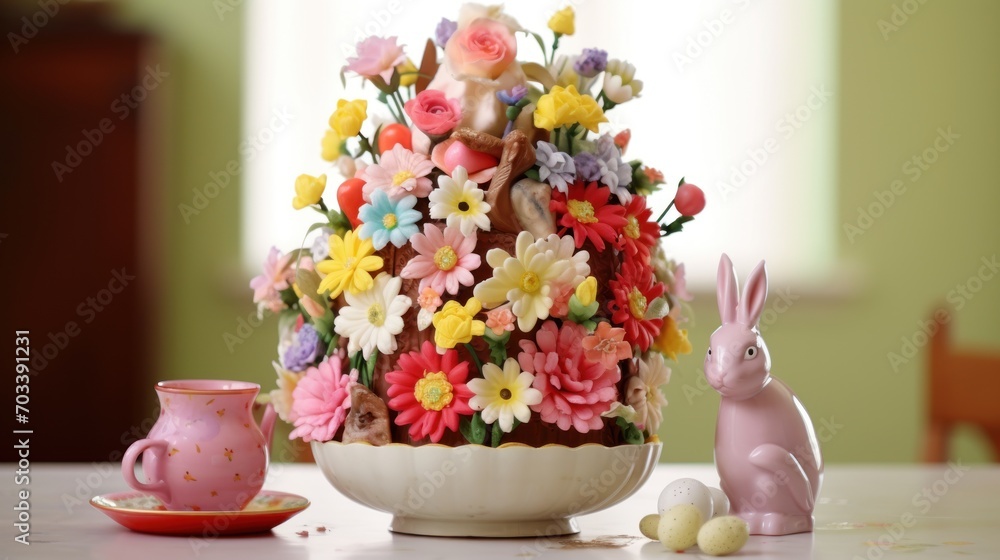  a close up of a vase with flowers and a bunny figurine on a table with a cup and saucer.